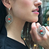 Emerald Statement Earrings, Natural Emerald Earrings, Three Stone Earrings, Silver Dangling Earrings, Boho Earrings, Leaf Earrings, For Her