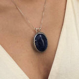 Blue Gemstone Pendant, Natural Sodalite Necklace, Statement Blue Necklace, Vintage Necklace, Oval Sodalite Pendant, Solid Silver Necklace