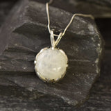 Round Moonstone Pendant, Natural Rainbow Moonstone, Vintage Pendant, June Birthstone, Leaf Pendant, Heavy Necklace, Solid Silver Pendant