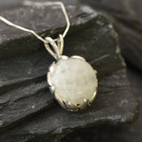 Round Moonstone Pendant, Natural Rainbow Moonstone, Vintage Pendant, June Birthstone, Leaf Pendant, Heavy Necklace, Solid Silver Pendant