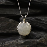 Round Moonstone Pendant, Natural Rainbow Moonstone, Vintage Pendant, June Birthstone, Leaf Pendant, Heavy Necklace, Solid Silver Pendant