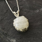 Round Moonstone Pendant, Natural Rainbow Moonstone, Vintage Pendant, June Birthstone, Leaf Pendant, Heavy Necklace, Solid Silver Pendant