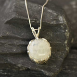 Round Moonstone Pendant, Natural Rainbow Moonstone, Vintage Pendant, June Birthstone, Leaf Pendant, Heavy Necklace, Solid Silver Pendant