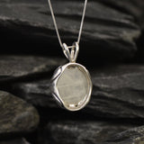 Round Moonstone Pendant, Natural Rainbow Moonstone, Vintage Pendant, June Birthstone, Leaf Pendant, Heavy Necklace, Solid Silver Pendant