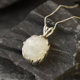 Round Moonstone Pendant, Natural Rainbow Moonstone, Vintage Pendant, June Birthstone, Leaf Pendant, Heavy Necklace, Solid Silver Pendant