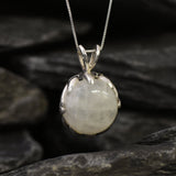 Round Moonstone Pendant, Natural Rainbow Moonstone, Vintage Pendant, June Birthstone, Leaf Pendant, Heavy Necklace, Solid Silver Pendant
