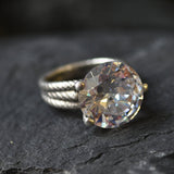Large Diamond Ring, Created CZ Diamond, High Statement Ring, Sparkly Ring, Big Stone Ring, Rope Band, Tall Chunky Ring, Solid Silver Ring