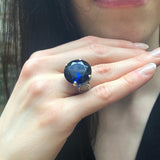Blue Sapphire Ring, Sapphire Ring, Created Sapphire, Blue Round Ring, Round Statement Ring, Blue Diamond Ring, Vintage Ring, 925 Silver Ring