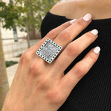 Large Square Ring, Silver Statement Ring, Natural Emerald Ring, Natural Sapphire Ring, Vintage Square Ring, Antique Silver Ring, For Her