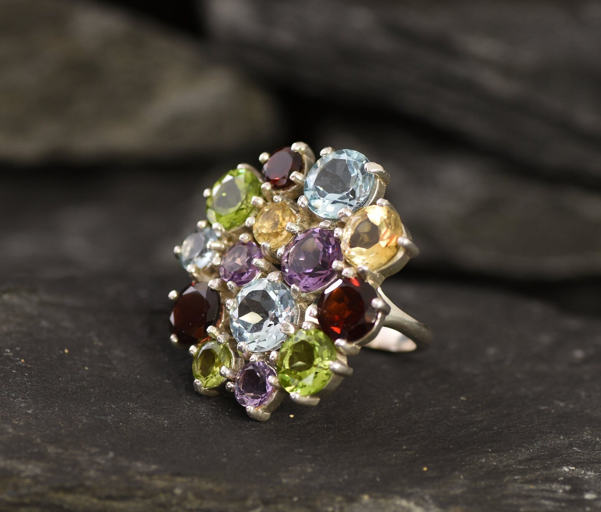 Large Gemstone Ring, Colorful Ring, Statement Ring, Cocktail Flower Ring, Solid Silver Ring, Garnet, Blue Topaz, Peridot, Citrine, Amethyst