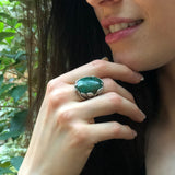 Chrysocolla Ring, Leaf Ring, Statement Ring, Vintage Ring, Large Green Ring, Floral Ring, Large Oval Ring, Artistic Ring, Solid Silver Ring