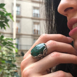 Chrysocolla Ring, Leaf Ring, Statement Ring, Vintage Ring, Large Green Ring, Floral Ring, Large Oval Ring, Artistic Ring, Solid Silver Ring