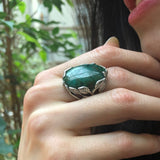 Chrysocolla Ring, Leaf Ring, Statement Ring, Vintage Ring, Large Green Ring, Floral Ring, Large Oval Ring, Artistic Ring, Solid Silver Ring