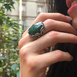 Chrysocolla Ring, Leaf Ring, Statement Ring, Vintage Ring, Large Green Ring, Floral Ring, Large Oval Ring, Artistic Ring, Solid Silver Ring