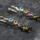 Rainbow Earrings, Natural Stones, Birthstone Earrings, Drop Earrings, Long Silver Earrings, Long Earrings, Blue Topaz, Garnet, Amethyst