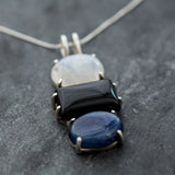 Moonstone Silver Necklace, Natural Moonstone, Onyx Necklace, Kyanite Necklace, Three Stone Necklace, Statement Pendant, Rare By Adina