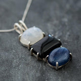 Moonstone Silver Necklace, Natural Moonstone, Onyx Necklace, Kyanite Necklace, Three Stone Necklace, Statement Pendant, Rare By Adina