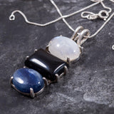 Moonstone Silver Necklace, Natural Moonstone, Onyx Necklace, Kyanite Necklace, Three Stone Necklace, Statement Pendant, Rare By Adina