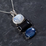 Moonstone Silver Necklace, Natural Moonstone, Onyx Necklace, Kyanite Necklace, Three Stone Necklace, Statement Pendant, Rare By Adina