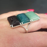 Multistone Ring, Aventurine Ring, Green Agate Ring, Onyx Ring, Rectangle Ring, Statement Ring, Long Ring, 925 Silver Ring, Unique Stone Ring