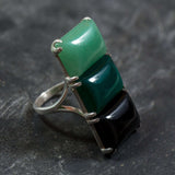 Multistone Ring, Aventurine Ring, Green Agate Ring, Onyx Ring, Rectangle Ring, Statement Ring, Long Ring, 925 Silver Ring, Unique Stone Ring