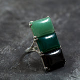 Multistone Ring, Aventurine Ring, Green Agate Ring, Onyx Ring, Rectangle Ring, Statement Ring, Long Ring, 925 Silver Ring, Unique Stone Ring