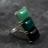 Multistone Ring, Aventurine Ring, Green Agate Ring, Onyx Ring, Rectangle Ring, Statement Ring, Long Ring, 925 Silver Ring, Unique Stone Ring