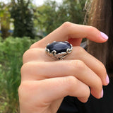 Large Blue Ring, Sandstone Ring, Blue Sand Stone, Artisan Oval Ring, Statement Ring, Vintage Rings, Sagittarius Ring, Sterling Silver Ring