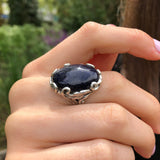 Large Blue Ring, Sandstone Ring, Blue Sand Stone, Artisan Oval Ring, Statement Ring, Vintage Rings, Sagittarius Ring, Sterling Silver Ring