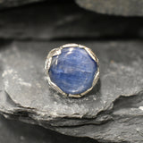 Kyanite Ring, Natural Kyanite, Silver Leaf Ring, Vintage Round Ring, Blue Leaf Ring, Silver Floral Ring, Statement Ring, Solid Silver Ring