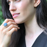 Kyanite Ring, Natural Kyanite, Silver Leaf Ring, Vintage Round Ring, Blue Leaf Ring, Silver Floral Ring, Statement Ring, Solid Silver Ring