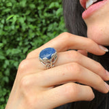 Kyanite Ring, Natural Kyanite, Silver Leaf Ring, Vintage Round Ring, Blue Leaf Ring, Silver Floral Ring, Statement Ring, Solid Silver Ring