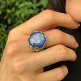 Kyanite Ring, Natural Kyanite, Silver Leaf Ring, Vintage Round Ring, Blue Leaf Ring, Silver Floral Ring, Statement Ring, Solid Silver Ring