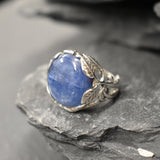 Kyanite Ring, Natural Kyanite, Silver Leaf Ring, Vintage Round Ring, Blue Leaf Ring, Silver Floral Ring, Statement Ring, Solid Silver Ring