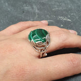 Malachite Ring, Natural Malachite, Silver Leaf Ring, Statement Ring, Artisian Floral Ring, Leaf Ring, Silver Floral Ring, Solid Silver Ring