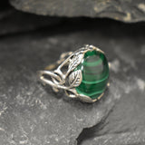 Malachite Ring, Natural Malachite, Silver Leaf Ring, Statement Ring, Artisian Floral Ring, Leaf Ring, Silver Floral Ring, Solid Silver Ring