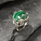 Malachite Ring, Natural Malachite, Silver Leaf Ring, Statement Ring, Artisian Floral Ring, Leaf Ring, Silver Floral Ring, Solid Silver Ring