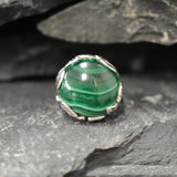 Malachite Ring, Natural Malachite, Silver Leaf Ring, Statement Ring, Artisian Floral Ring, Leaf Ring, Silver Floral Ring, Solid Silver Ring