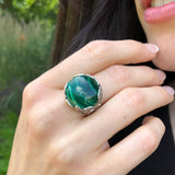 Malachite Ring, Natural Malachite, Silver Leaf Ring, Statement Ring, Artisian Floral Ring, Leaf Ring, Silver Floral Ring, Solid Silver Ring