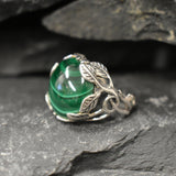 Malachite Ring, Natural Malachite, Silver Leaf Ring, Statement Ring, Artisian Floral Ring, Leaf Ring, Silver Floral Ring, Solid Silver Ring