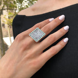 Large Square Ring, Emerald Statement Ring, Natural Emerald Ring, Vintage Square Ring, Solid Silver Ring, Antique Silver Ring, For Her