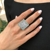 Large Square Ring, Emerald Statement Ring, Natural Emerald Ring, Vintage Square Ring, Solid Silver Ring, Antique Silver Ring, For Her