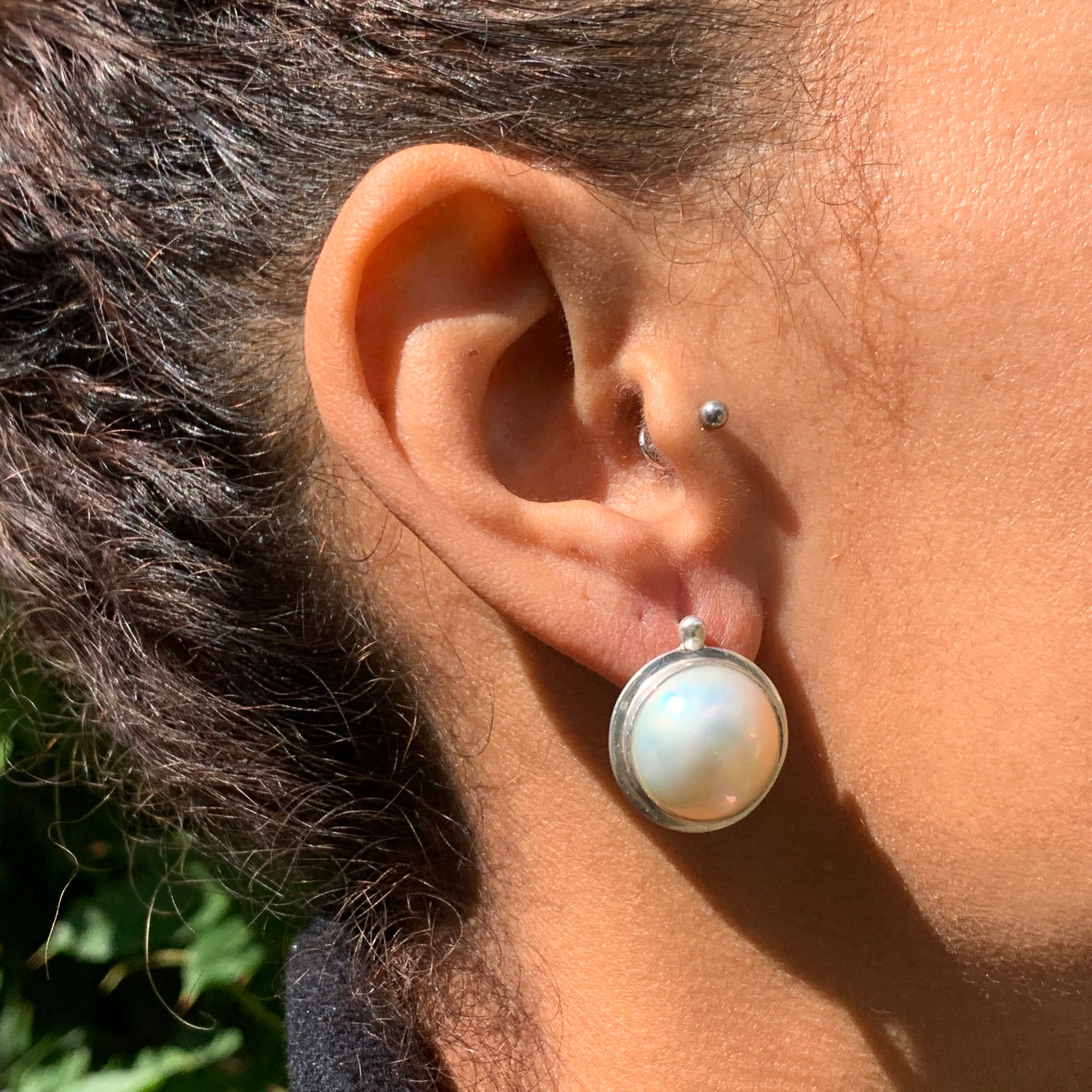 Mabe Pearl Earrings, Natural Pearl, Large Pearl Studs, June Birthstone, Statement Earrings, Rainbow Pearl Earrings, Solid Silver, Mabe Pearl