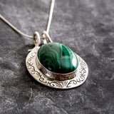 Malachite Necklace, Natural Malachite Pendant, Statement Pendant, Boho Necklace, Green Gemstone Pendant, Solid Silver Necklace, For Her