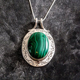 Malachite Necklace, Natural Malachite Pendant, Statement Pendant, Boho Necklace, Green Gemstone Pendant, Solid Silver Necklace, For Her