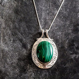 Malachite Necklace, Natural Malachite Pendant, Statement Pendant, Boho Necklace, Green Gemstone Pendant, Solid Silver Necklace, For Her