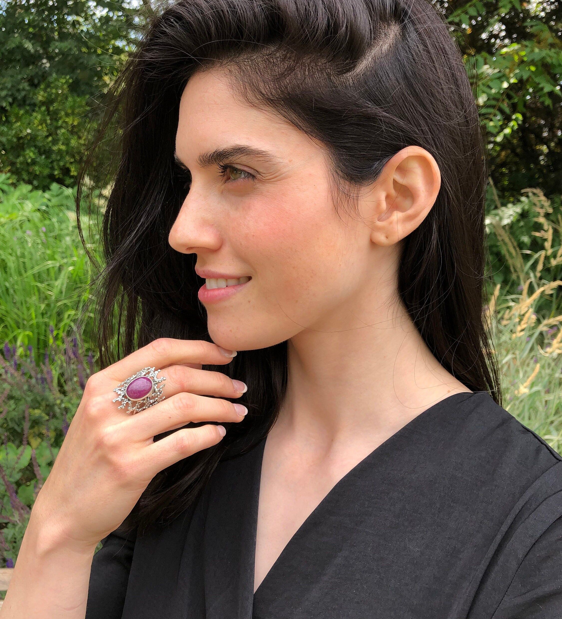 Elegant 925 Sterling Silver ring featuring a stunning oval natural red ruby, perfect for birthdays and special occasions.