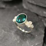 Emerald Bezel Ring, Natural Moonstone Ring, Created Emerald Ring, Vintage Ring, June Birthstone, Silver Emerald Ring, For Her, Rare By Adina