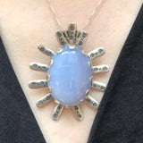 Chalcedony Pendant, Blue Chalcedony, Natural Chalcedony, Asymmetric Pendant, Vintage Silver Pendant, Silver Artisian Pendant, Unique Pendant