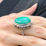 Large Malachite Ring, Natural Malachite, Artisan Ring, Vintage Ring, Green Antique Ring, Statement Ring, Large Oval Ring, Solid Silver Ring